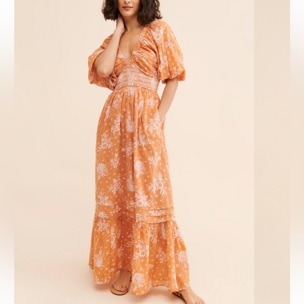 Free People Golden Hour Floral Maxi Dress with Puff Sleeves in size xs